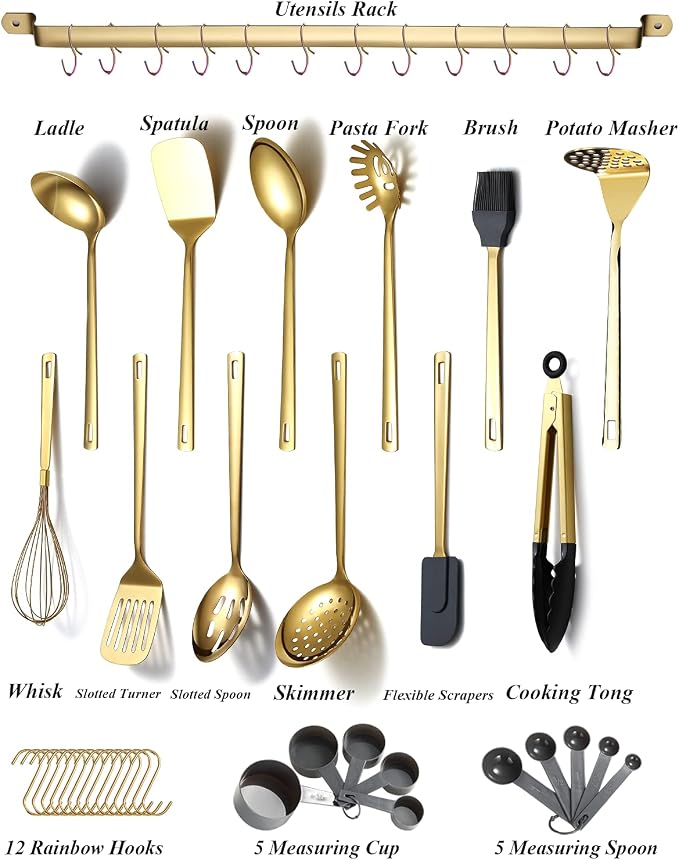 Gold Cooking Utensils Set, Kyraton Stainless Steel 37 Pieces Kitchen Utensils Set with Titanium Gold Plating, Kitchen Gadgets Tool Set with Utensils Racks Heat Resistant Dishwasher Safe - Image 2