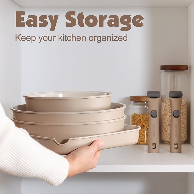 SENSARTE 17 Piece Ceramic Detachable Handle Pots and Pans Set Almond Beige | Ceramic Cookware Set, Induction Cookware Set with Removable Handle, Healthy Non Stick for RV, Dishwasher ＆ Oven Safe - Image 3