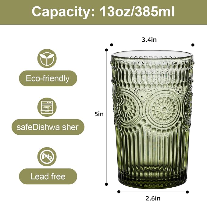 ZMOWIPDL Drinking Glasses Set of 6,13oz Flower Design Green Glass Cups | Vintage Glassware,Textured Tumblers,Embossed Striped Drinkware for Water,Cocktails,Juice,Iced Coffee - Image 2
