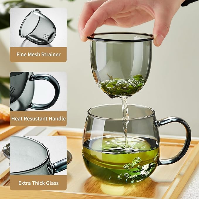 Glass Tea Cup with Infuser and Lid, 32oz/950ml Large Borosilicate Teacup, Clear Mug for Loose Leaf, Blooming Tea, Dishwasher Safe - Tea Maker Gift for Birthday