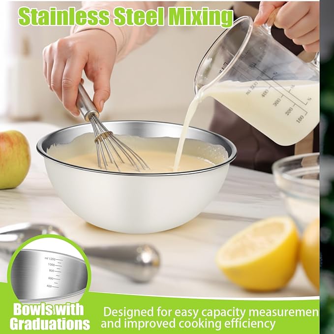 12 Pcs Stainless Steel Mixing Bowls Nesting Metal Prep Salad Bowls with Scale Reusable Baking Cooking Food Soup Storage Organizers for Kitchen Refrigerator(1.3QT)