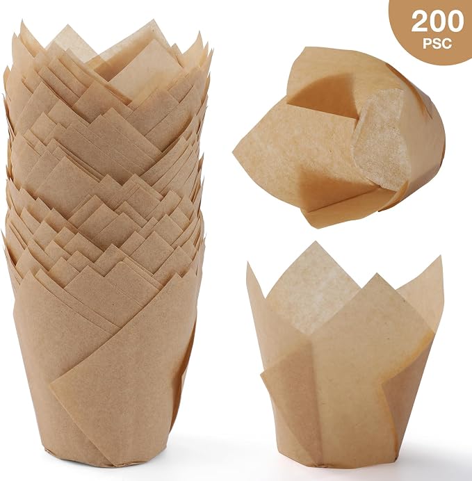 200pcs Tulip Cupcake Liners, Standard Greaseproof Paper Baking Cups Muffin Liners Holders Perfect for Bridal Showers, Baby Showers, Birthday Parties, Banquets, and Catering Events (Natural) - Image 3