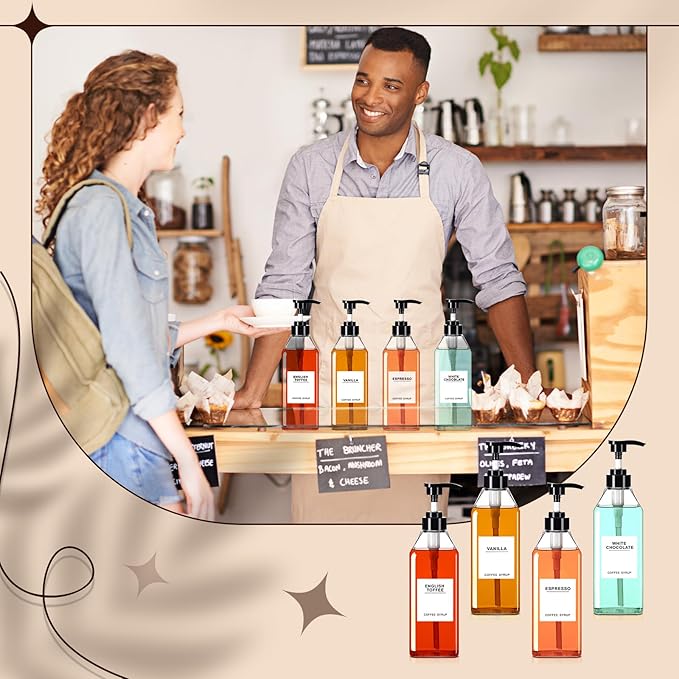 Nuogo 6 Pcs Coffee Syrup Dispenser Set 300ml, 500ml, 750ml Black Syrup Bottles with Pump Dispenser 27 Labels Kitchen Accessories(11.8 oz)