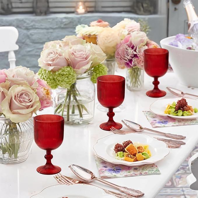 Red Vintage Wine Glasses Set of 6, 11 Ounces Colored Glass Water Goblets, Unique Embossed Pattern High Clear Stemmed Glassware Wedding Party Bar Glass Drinking Cups Fancy Glasses Hand Wash Only - Image 4