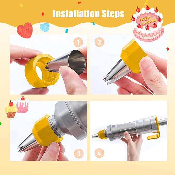 Dessert Decorating Syringe Set, Yellow Icing Decoration Set Stainless Steel Cupcake Injector/Decorating Icing Set with 6 Nozzle, 3 Scrapers, 2 Brushes for Baking Biscuit Cake Decoration (Yellow)