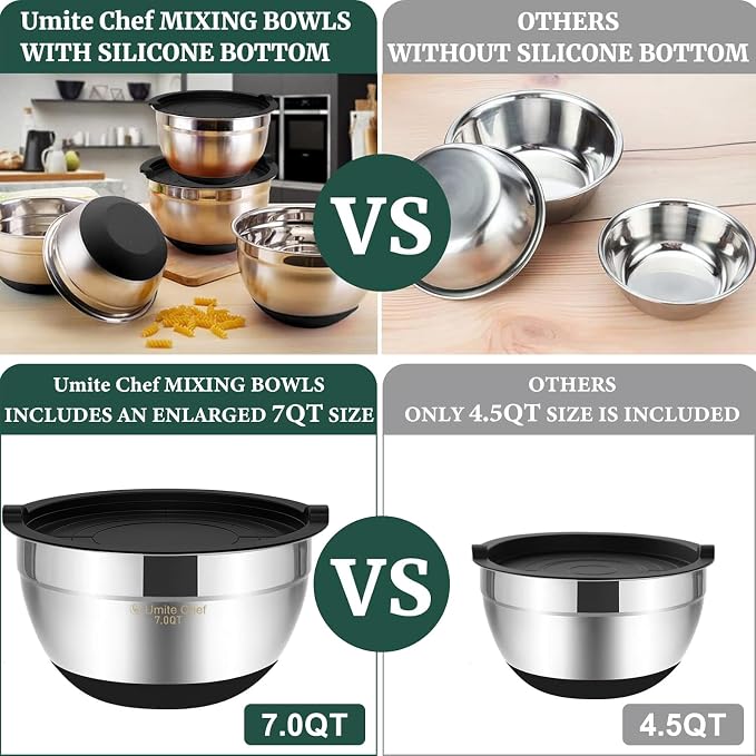 Umite Chef Mixing Bowls with Airtight Lids，6 piece Stainless Steel Metal Nesting Storage Bowls, Non-Slip Bottoms Size 7, 3.5, 2.5, 2.0,1.5, 1QT, Great for Mixing & Serving(Black) - Image 3