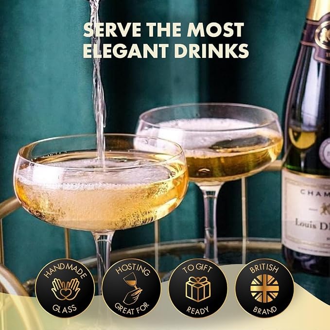 VEMACITY - Elegant Handblown Coupe Cocktail Glasses Set of 2 (10oz) - Crystal Espresso Martini Glasses, Champagne Saucers - Vintage Glassware | Wedding Gift | Ideal for Martinis and Margaritas - Image 3