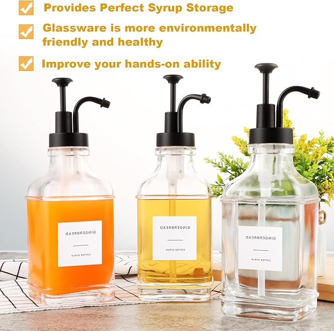 CYEAH 4 Pack Coffee Syrup Dispenser for Coffee Bar, 17 Oz Glass Syrup Bottle, Square Syrup Pump Dispenser with 1/4oz Large Capacity Pump, Coffee Syrup Bottles for Coffee Syrup