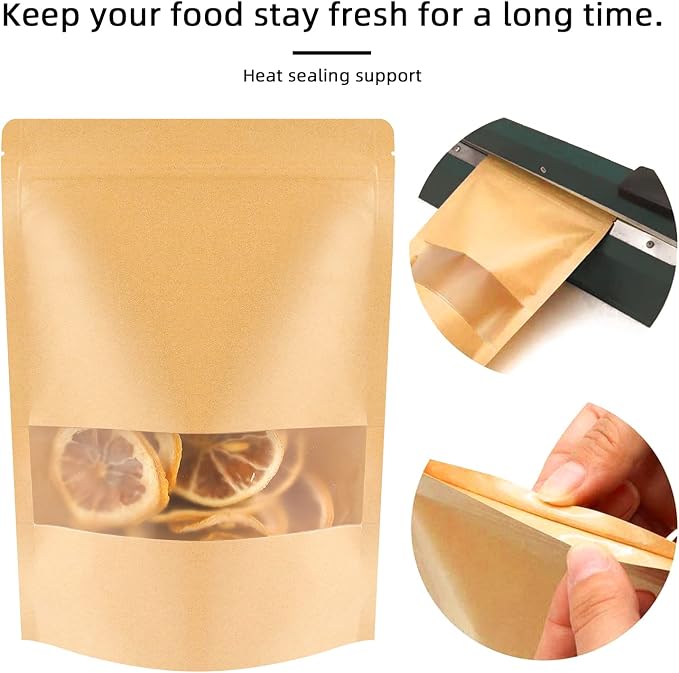 100 Pcs Kraft Stand Up Pouches 3.5 x 5.5 Inch Resealable Food Storage Bags with Matte Window for Packaging - Image 4