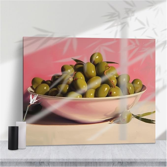 Modern Green Olives Still Life Canvas Print,Vibrant Glossy Olives in Pink Bowl Against Pink Background for Chic Kitchen or Dining Room Decor,8''x12'' Framed Modern Canvas Wall Art by Unknown