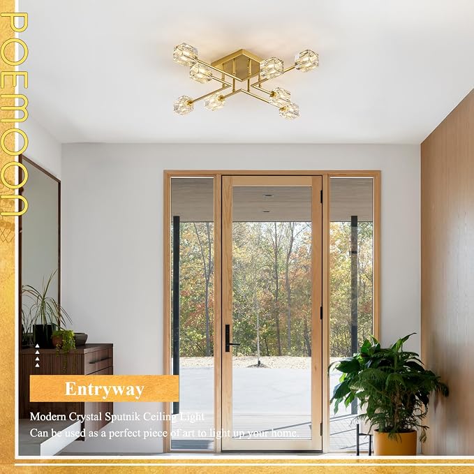 8-Light Gold Sputnik Chandeliers Modern Crystal Semi Flush Mount Ceiling Light Fixture L 31.5" Industrial Chandelier for Living Room Dining Room Foyer Entryway Kitchen Bedroom - Image 5