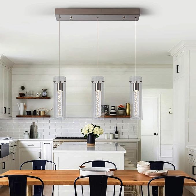 Pendant Lights Kitchen Island with Remote Control, Dimmable Brushed Nickel & Clear Cylinder, Adjustable Height Kitchen Pendant Lights, Island Lights for Kitchen, Modern Lighting Fixture - Image 4