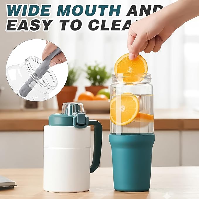 32 oz Glass Tumbler with Handle, 2-in-1 Straw and Sip Spout, Leakproof, BPA-Free Glass Water Bottle for Sports, Office, School, Peacock Blue