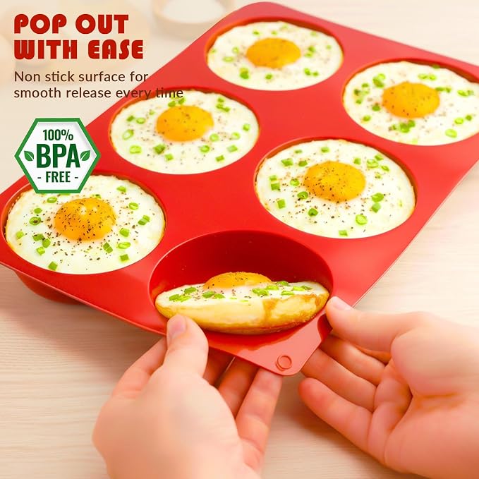 HKNMTT 2Pcs Muffin Top Pans 12-Cavitiy Round Silicone Egg Molds for Baking | 3.74Inch, Non-Stick, BPA-Free, Oven Safe, Silicone Molds for Egg Bites, Cookie, Hamburger Bun - Image 2
