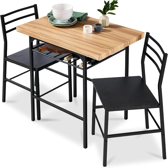 Best Choice Products 3-Piece Modern Dining Set, Space Saving Dinette for Kitchen, Dining Room, Small Space w/Steel Frame, Built-in Storage Rack - Oak/Black by Unknown