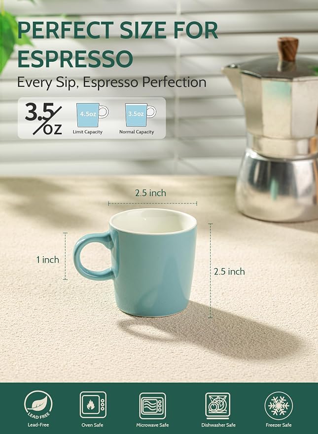 Sweese 3.5oz Porcelain Espresso Cups Set of 4, Mini Coffee Mugs Demitasse Cups - Turquoise - Image 2