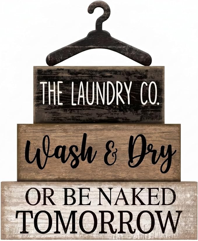 Moucuny 4 Pcs Farmhouse Laundry Room Decor and Accessories Stacked Blocks Wash & Dry Wooden Laundry Room Signs Set with Vintage Hanger - Rustic Farmhouse Sign for Home Bathroom Shelf Housewarming Gift by Moucuny
