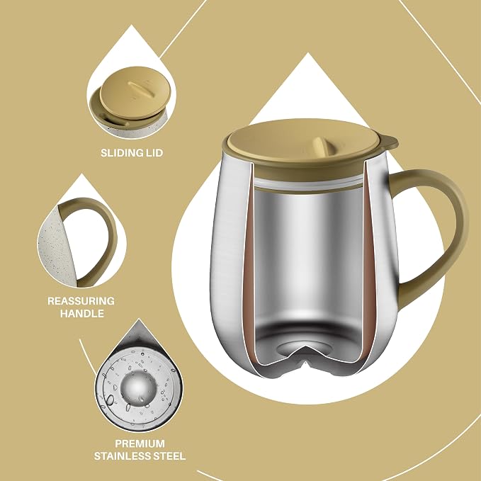 Ideus 16 oz Insulated Coffee Mug with Handle and Lid, Double Wall Stainless Steel Vacuum Thermal Coffee Mug, Travel Coffee Cup Thermal Cup for Home and Office, Eggshell Yellow - Image 3