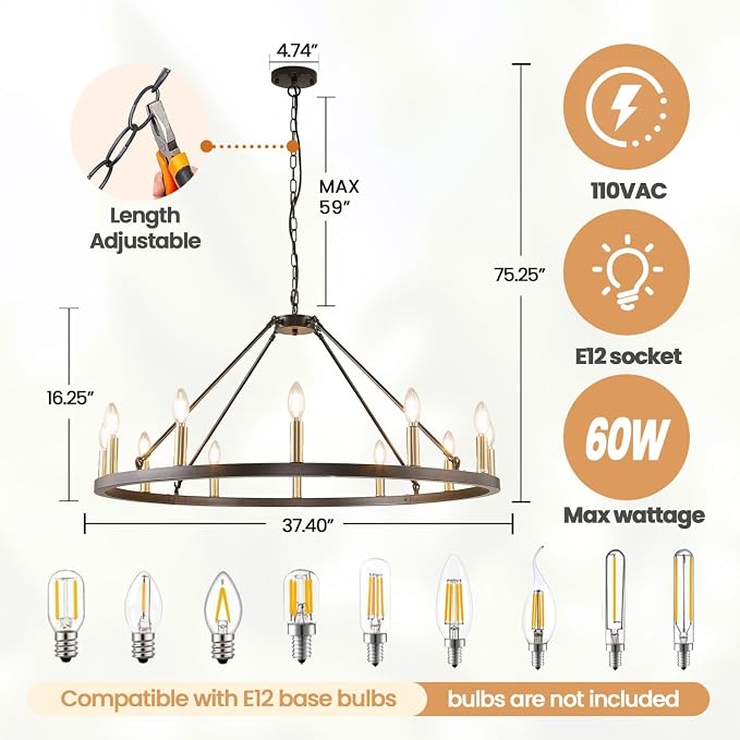 WJShome 37.5" Wagon Wheel Chandelier: The Ultimate Farmhouse Foyer Lighting Fixture - Gorgeous 12-Light Black and Gold Chandeliers to Enrich Your Dining Room! - Image 3