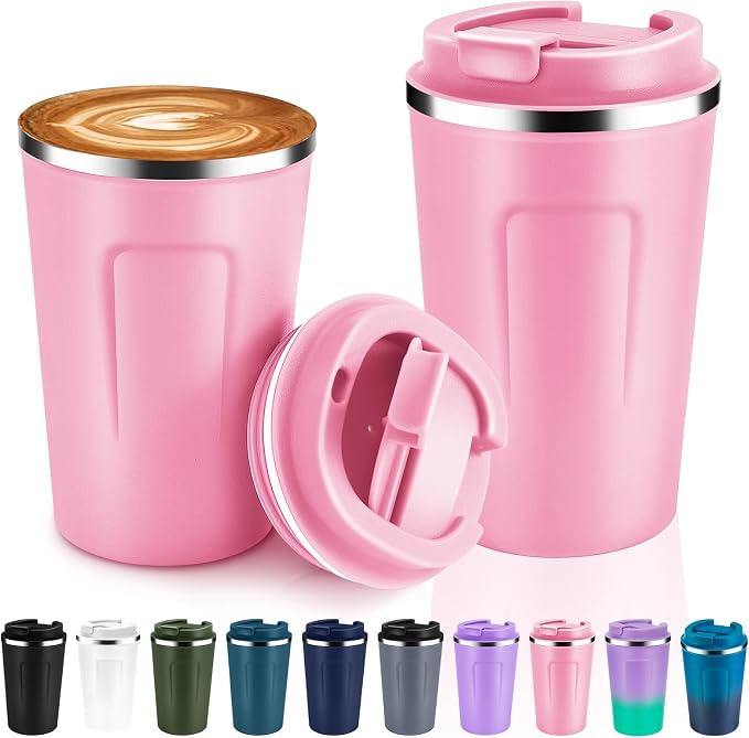 Volhoply 12 oz Double Wall Insulated Vacuum Travel Coffee Mugs with Flip Lid Bulk 2 Pack,Reusable Stainless Steel Leak Proof Coffee Cup,Portable Cafe Thermal Tumbler for Hot & Cold Drinks(Pink,2 Set) by LiveFully%EF%BC%8CDrinkFreely%E2%80%94KeepGoingwithVolhoply%EF%BC%81