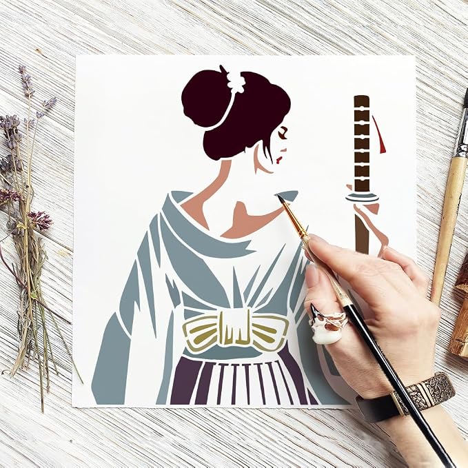 FINGERINSPIRE Eastern Samurai Woman Stencil with Paint Brush 11.8x11.8inch Reusable Swordswoman Drawing Template Female Samurai with Sword Pattern Stencil for Painting on Wood Wall Fabric Furniture - Image 7