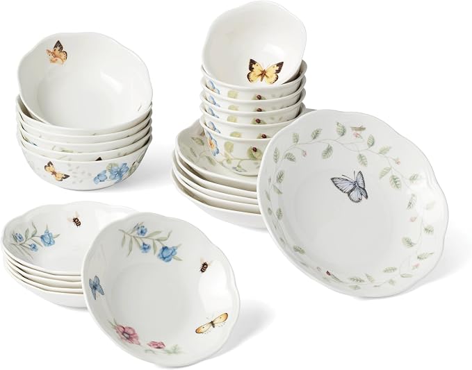 Lenox Dinnerware Set, Butterfly Meadow 24-Piece Bowls Set, Service For 6, Elegant Porcelain Dinnerware, Microwave And Dishwasher Safe, Dish Set, Plates & Dishes, Ramen Bowl (Assorted, 24 Piece) by Lenox
