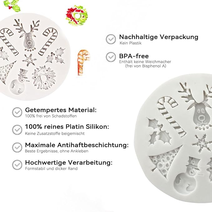 1 Pcs Christmas Silicone Baking Molds 3D Chocolate Candy Molds Snowman Elk Crutch Gingerbread Snowflake Shape Design Mold for Cake Toppers Fondant Ice Cubes Jello DIY Cake Candles Cake Decoration