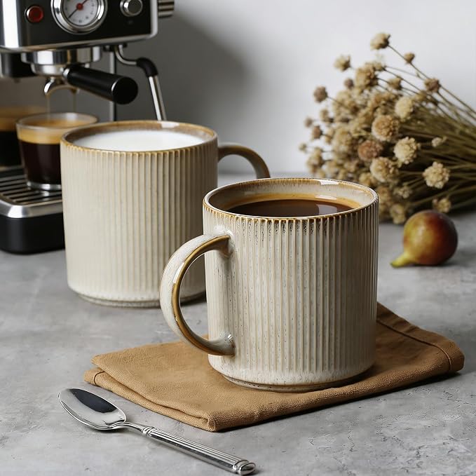 MONITO 16Oz Coffee Mugs Set of 4, Rustic Ceramic Coffee Cups Set with Large Handle, Vintage Striped Stoneware Coffee Mugs for Latte, Cocoa, Tea, Milk, Microwave & Dishwasher Safe, Bonbon Beige - Image 7