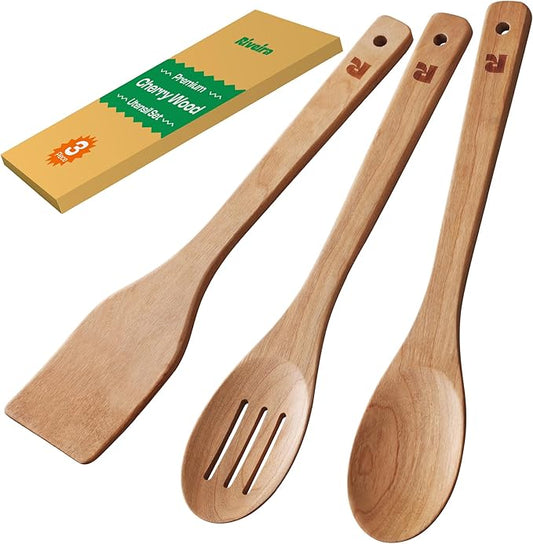Riveira Cherry Wooden Spoons for Cooking Set of 3 – Natural Cherry Wooden Cooking Utensils, Wooden Spatula, Wooden Spoon - Premium Quality Utensil Set for Non-Toxic Cooking by Riveira