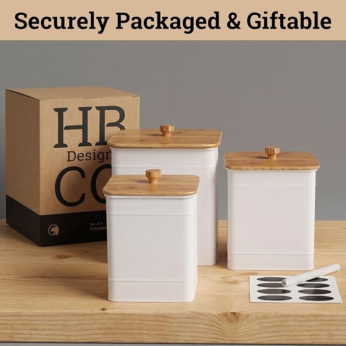 Kitchen Canisters for Countertop Set of 3 w/ Chalkboard Labels & Marker Pen | Airtight Easy Open Bamboo Lids, Dent-Resistant Thick Metal, Customizable Chalkboard Labels, Marker Pen Included, Set of 3 - Image 9