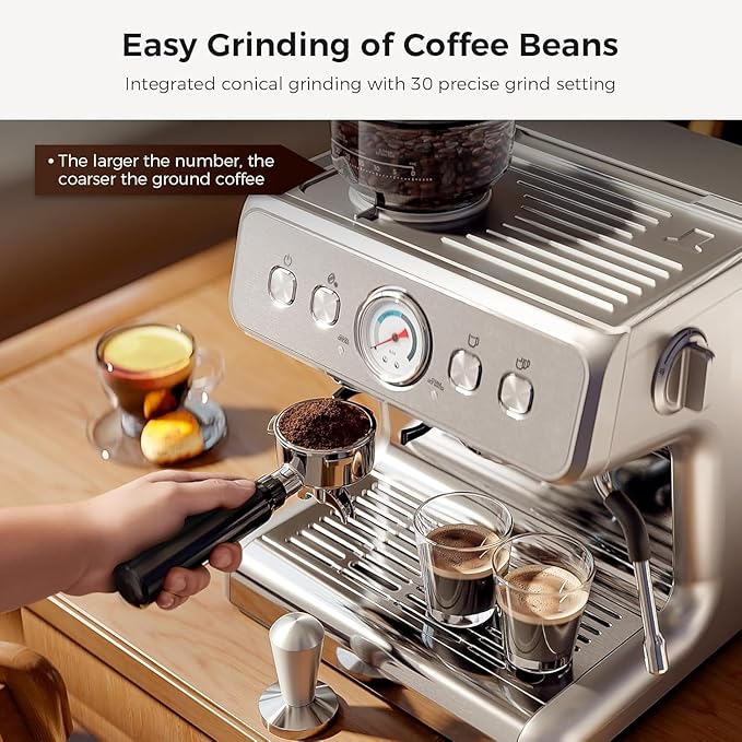 Kismile Espresso Machine with Grinder, 20 Bar Automatic Espresso Maker with Milk Frother Steam Wand, Removable Water Tank for Latte & Cappuccino, Professional Coffee Machine for Home