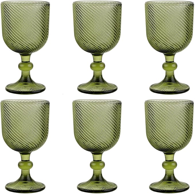 Taganov Green Glasses Drinking Wine Water Goblets Glassware set of 6 Vintage Stem Glasses Stemware 12 Ounces for Wedding Party Bar Twill Pattern Striped 350 ml by Taganov
