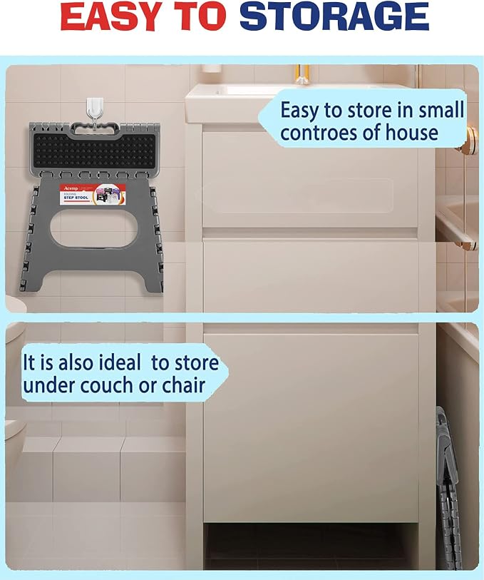 ACSTEP Folding Step Stool 9 inch Height Non-Slip Plastic Step Stools for Kids and Adults, Kitchen Collapsible Fold Up Small Stepping Stool Grey,1 Pack | Portable Foldable Stools, Heavy Duty Collapsible Foot Stool, Holds 300 lb for Adults Kitchen Bathro... - Image 8