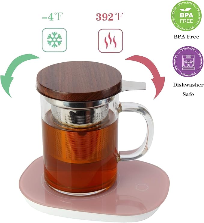 COMI Tea Cup with Infuser Walnut Lid&Handle, Glass Tea Cups with Wide Mouth Extra Large Capacity, Stainless Steel Tea Infuser Mug for Loose Leaf Tea Steeping(14oz/400ml)
