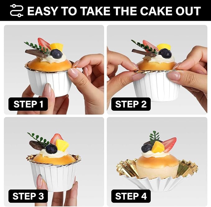 EUSOAR Baking Cups, 50pcs 3.5oz Disposable Ramekins Muffin Cupcake Liners, Dessert Paper Cupcake Liners Aluminum Foil Wrappers Mini Cheesecakes Cups Holders for Birthday Wedding Party-White/Gold - Image 4