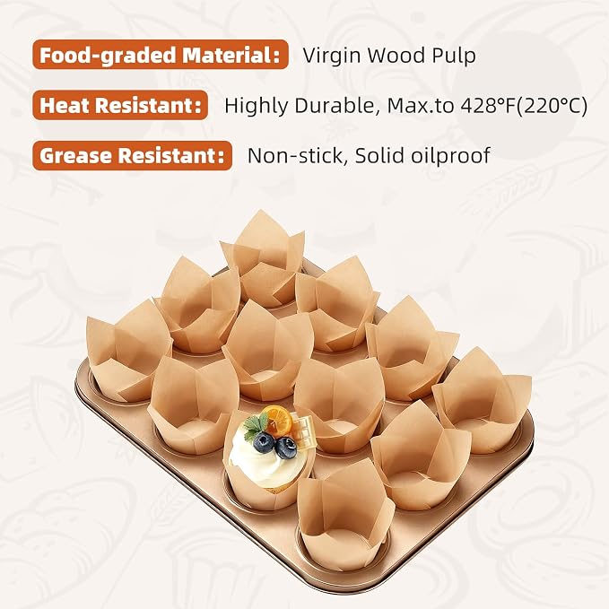 200pcs Natural Tulip Cupcake Liners, Premium Muffin Liners Holders for Baking Cups, Greaseproof Cupcake Wrappers in Standard Size, Classic Parchment Paper Cupcakes Liner by JIRNGLA - Image 5