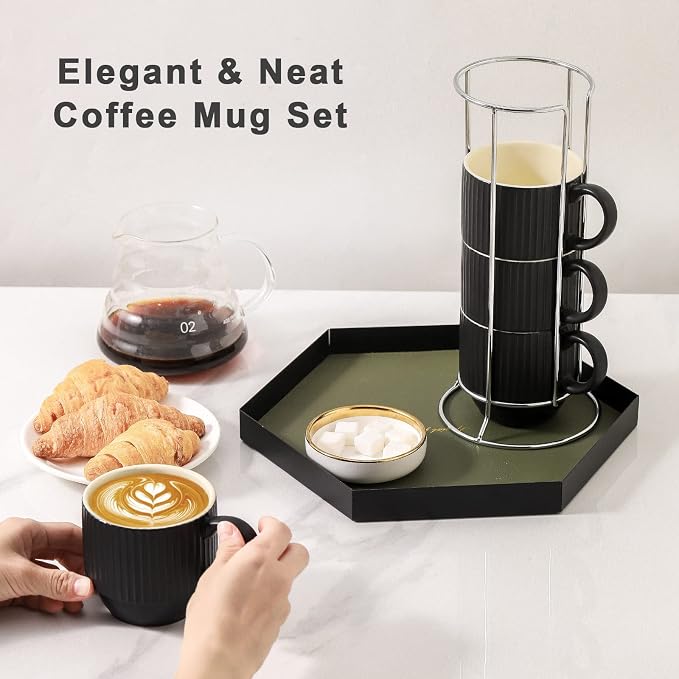 Hasense Black Coffee Mug Porcelain Set of 4 with Rack - 12 oz Stackable Coffee Cups Ceramic, Modern Ribbed Latte Cup Sets for Cappuccino, Tea, Espresso, Hot Cocoa, Drinks - Dishwasher & Microwave Safe - Image 2