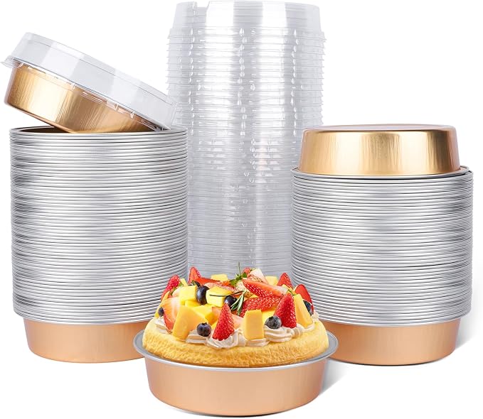 Beasea Mini Ramekins with Lids, 120 Pack 4 Inch 8oz Disposable Creme Brulee Tart Pie Tins Rose Gold Small Aluminum Foil Cake Baking Tins Pans Individual Round Containers Oven Safe for Baking by Beasea