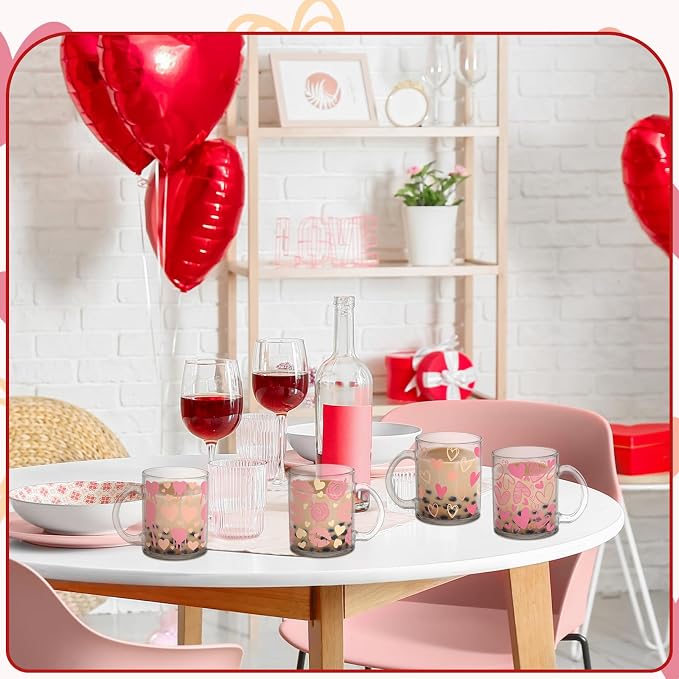 Tioncy 4 Pcs Valentines Heart Coffee Mugs 12 oz Heart Glass Cups with Handle Valentine's Day Pink Coffee Cup Sweet Love Gifts Drinking Mugs for Romantic Holiday Party - Image 4