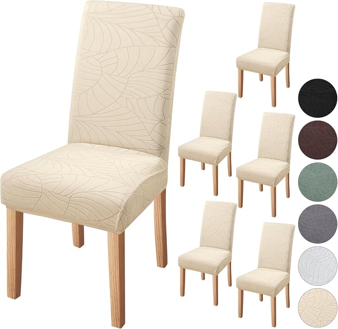 Fuloon Dining Chair Slipcover, Stretch Parson Chair Protector for Home | Leaf Jacquard-beige, Set of 6, Super Fit, Stretch, Removable, Washable, Suits for Hotel, Dining Room, Ceremony, Banquet Party by Fuloon