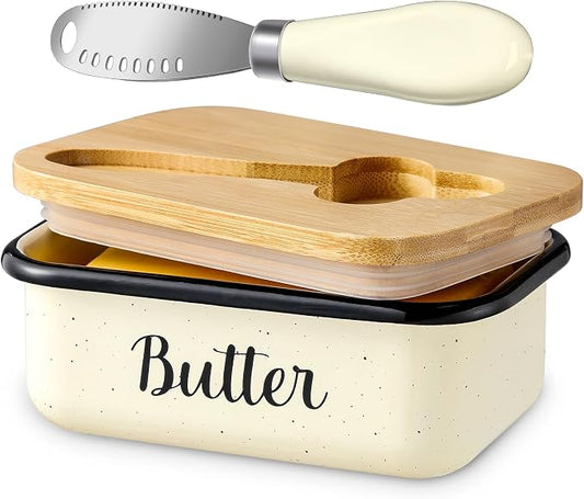 LANDNEOO Butter Dish with Lid and Butter Curler Knife, Unbreakable Metal Keeper Container Double Silicone Sealing, Speckled White, 6.2'L x 4.2' W x 2.2' H, 2 Sticks Capacity, Stainless Steel, Bamboo by MakeLifeBetterEasier