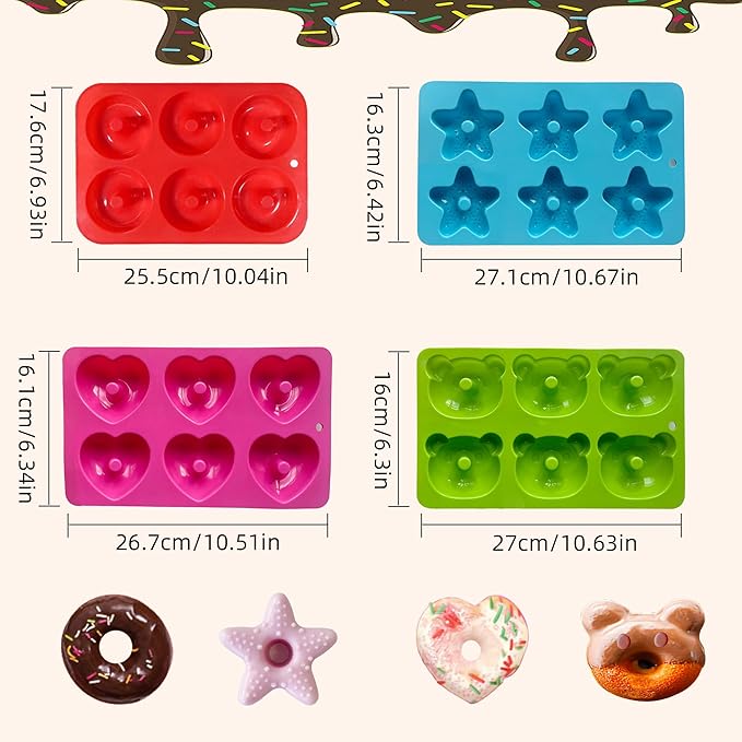 4 Pcs Silicone Donut Mold Set,6-Cavity Silicone Doughnut Pan,Non-Stick Doughnut Pan,BPA Free and Dishwasher Safe,Donut Mold for Summer Parties