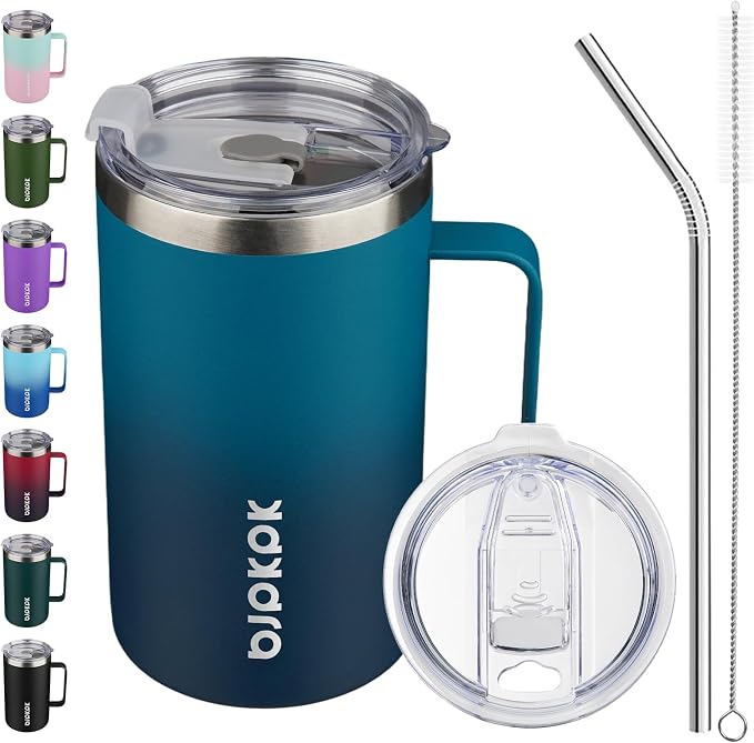 BJPKPK 25oz Insulated Coffee Mug with Handle, Stainless Steel Travel Mug | Keeps Drinks Hot & Cold, Double Wall Vacuum, 2 Lids Included, BPA-Free Coffee Tumbler for Home, Office & Travel by BJPKPK