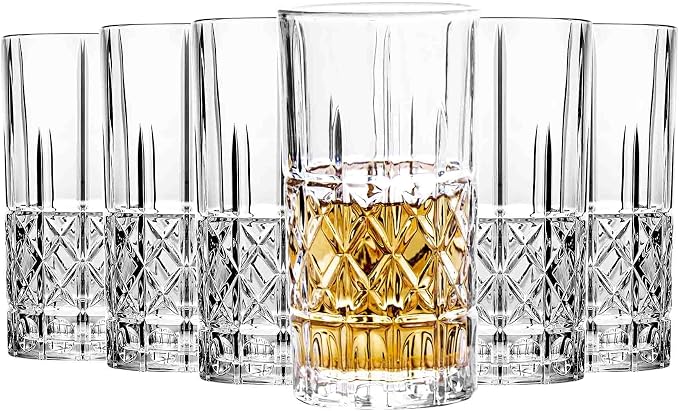 Tall Highball Glasses Set of 6, 14 Ounce Cups, Textured Designer Glassware for Drinking Water, Beer, or Soda, Trendy and Elegant Dishware, Dishwasher Safe by binsakao