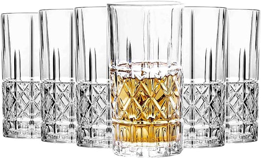 Tall Highball Glasses Set of 6, 14 Ounce Cups, Textured Designer Glassware for Drinking Water, Beer, or Soda, Trendy and Elegant Dishware, Dishwasher Safe by binsakao