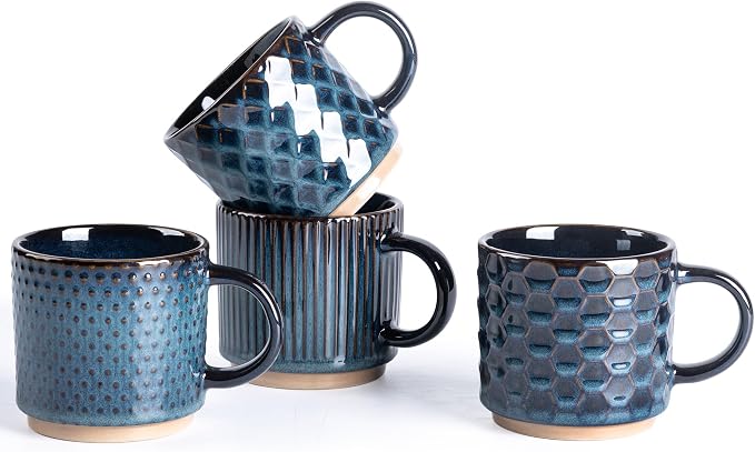GBhome 6 OZ Stackable Coffee Mugs Set of 4, Ceramic Coffee Cups Set | 4 Assorted Designs, Embossed Mugs with Texture Patterns for Espresso/Tea, Dishwasher&Microwave Safe, Deep Sea by GBhome