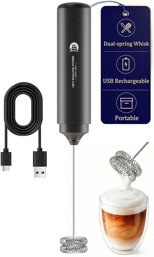 Rechargeable Milk Frother Handheld, 2-IN-1 Dual Spring Whisk Electric Frother Wand for Cappuccino Latte Macchiato, Portable Drink Mixer for Coffee, Matcha, Hot Chocolate by NewEnglandStories