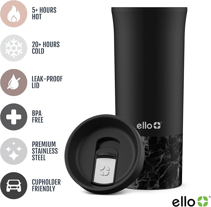 Ello Miri 16oz Insulated Stainless Steel Travel Mug with Slider Lid, Black Marble - Image 3