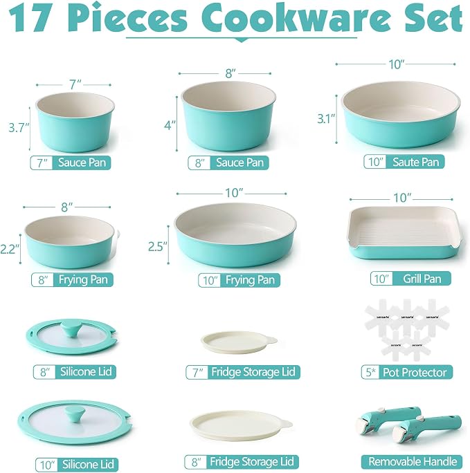 SENSARTE 17 Piece Ceramic Detachable Handle Pots and Pans Set Turquoise | Ceramic Cookware Set, Induction Cookware Set with Removable Handle, Healthy Non Stick for RV, Dishwasher ＆ Oven Safe - Image 2