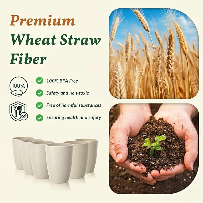 Homienly Unbreakable Drinking Glasses 16oz Wheat Straw Cups–6-Pack Reusable Stackable & Dishwasher Safe Cups for Kitchen-Beige - Image 3